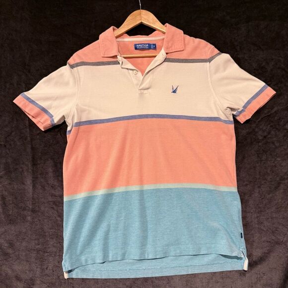 Nautica Mens Striped Polo Shirt Size M Pastel Blue Sail Coastal Golf Retro Y2K - Picture 16 of 16